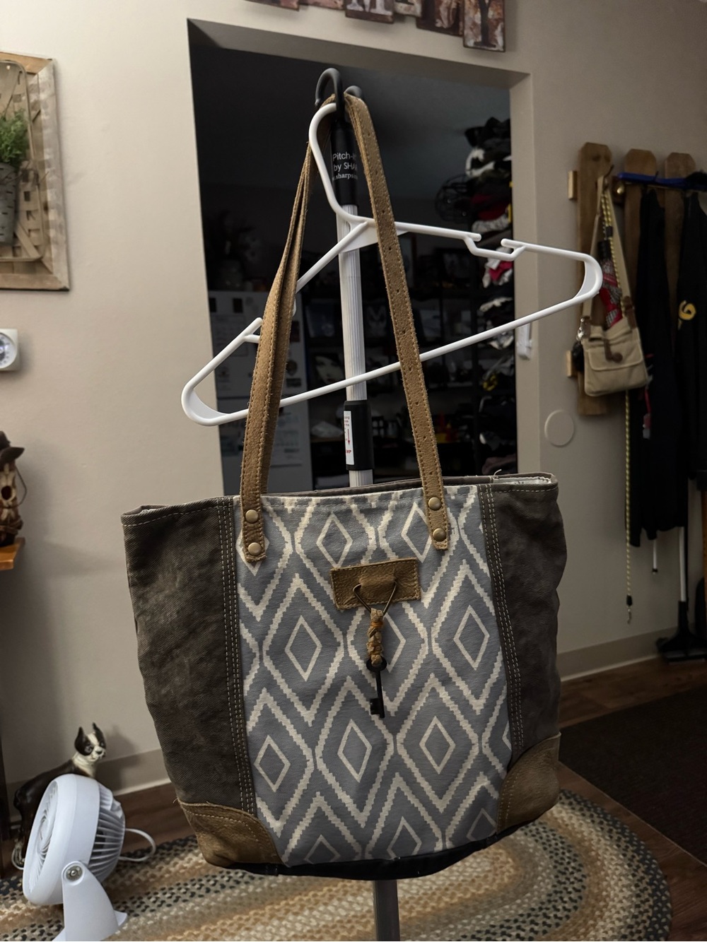 Myra Bag Geometric Canvas Tote in Gray and Tan